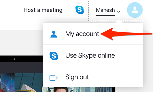 Выберите «Мой аккаунт» на сайте Skype.