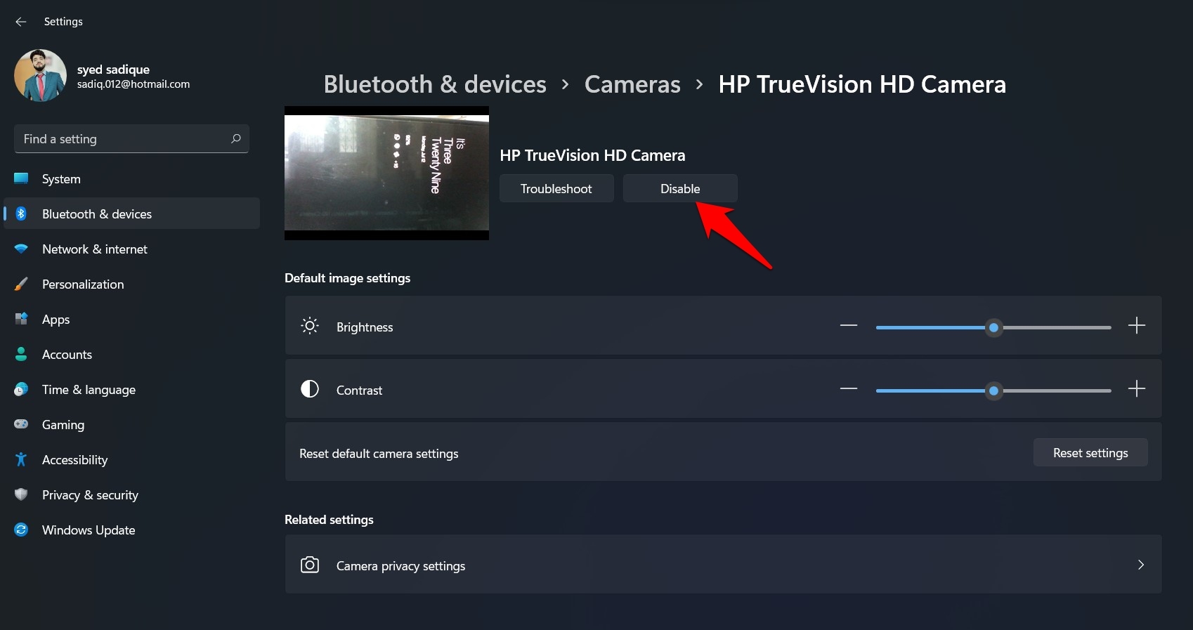 Включение или отключение камеры в Windows 11