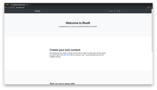 Приветствие Bludit после установки