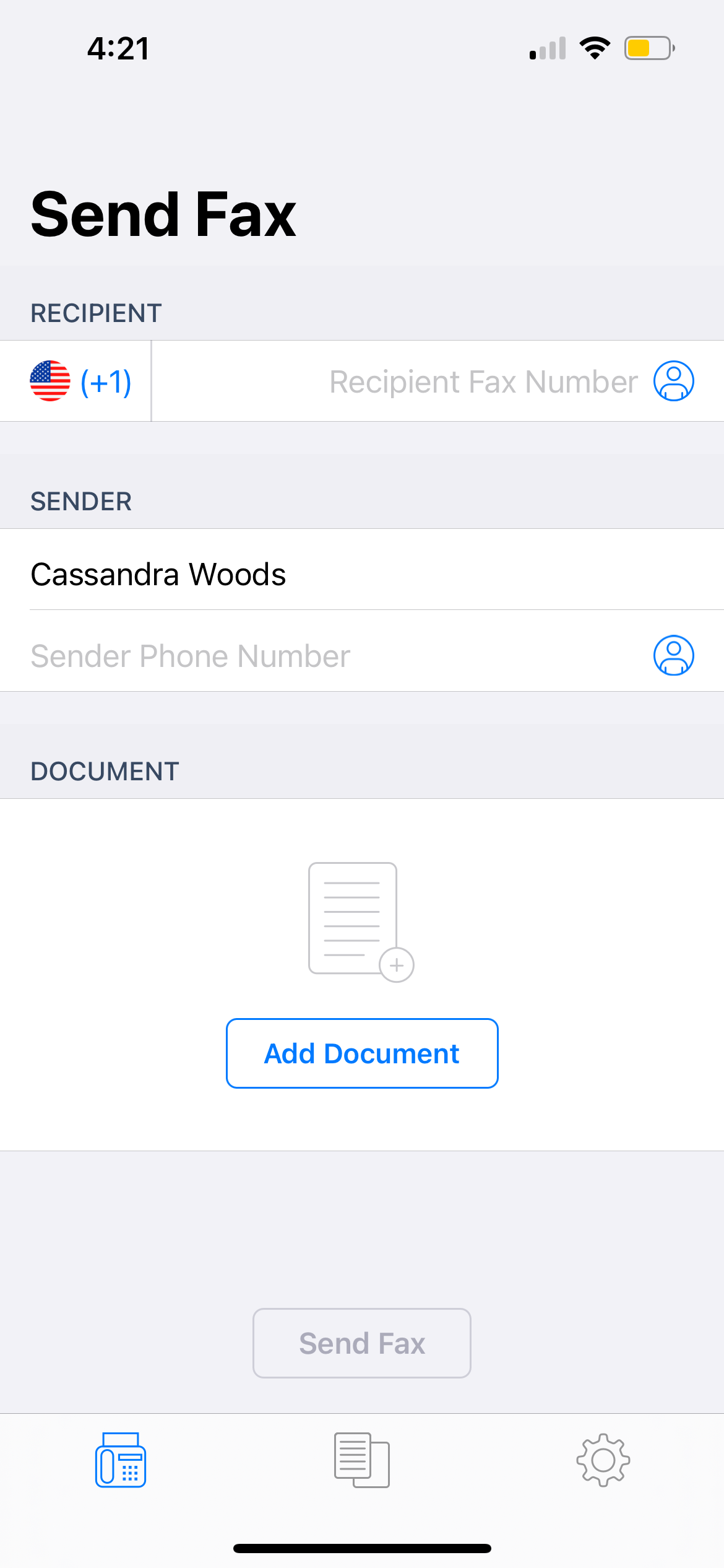страница отправки факса в FAX Free