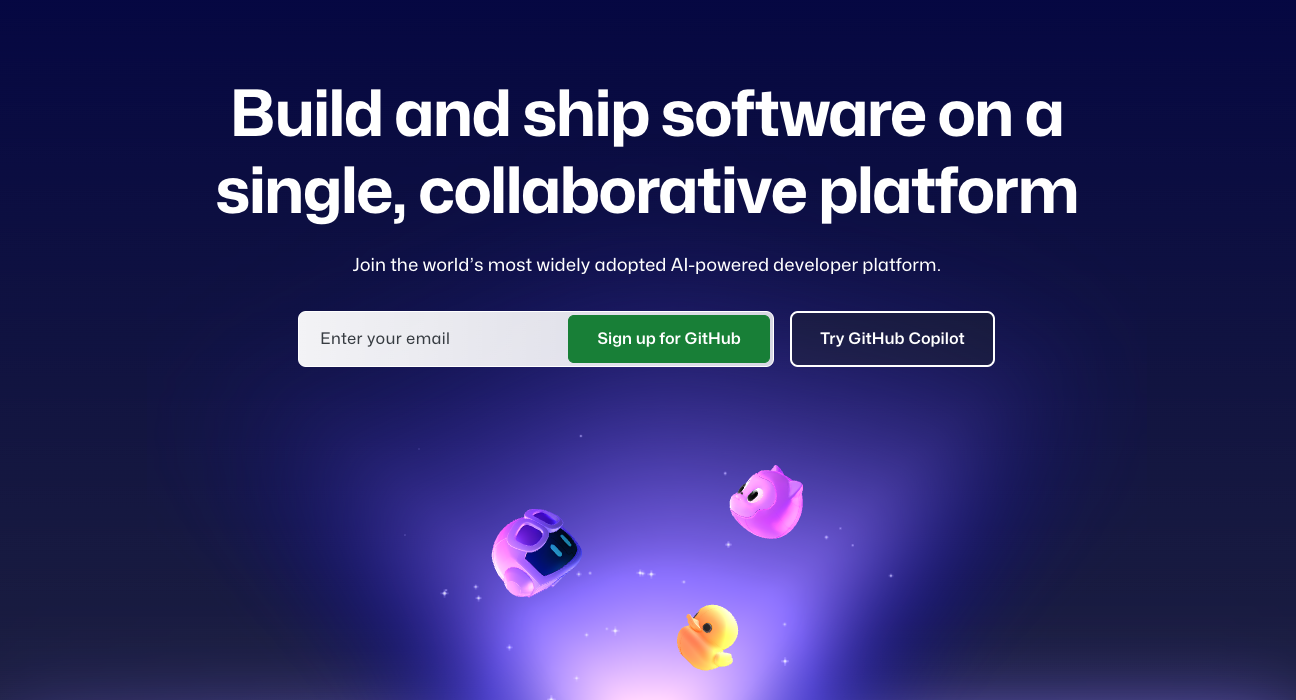 Главная страница GitHub.com с большим заголовком «Build and ship software on a single, collaborative platform.»