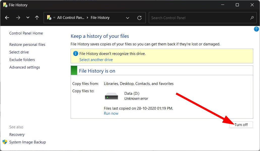 Кнопка отключения File History