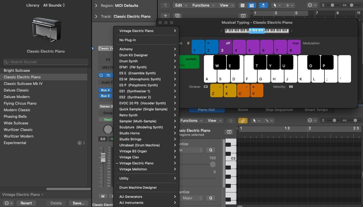 Интерфейс редактора Piano Roll и библиотеки звуков в Logic Pro