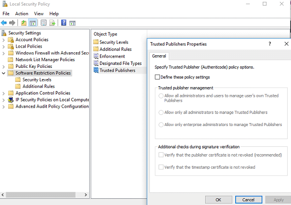 Параметры Enforcement, Designated File Types и Trusted Publishers