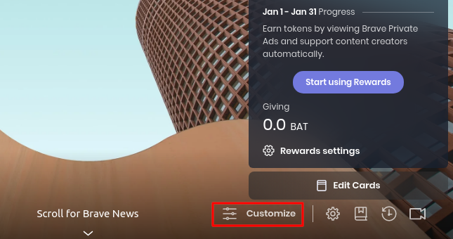 Кнопка «Настроить» на странице новой вкладки Brave