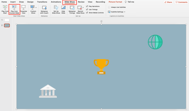 Кнопка «Воспроизвести с текущего слайда» в PowerPoint
