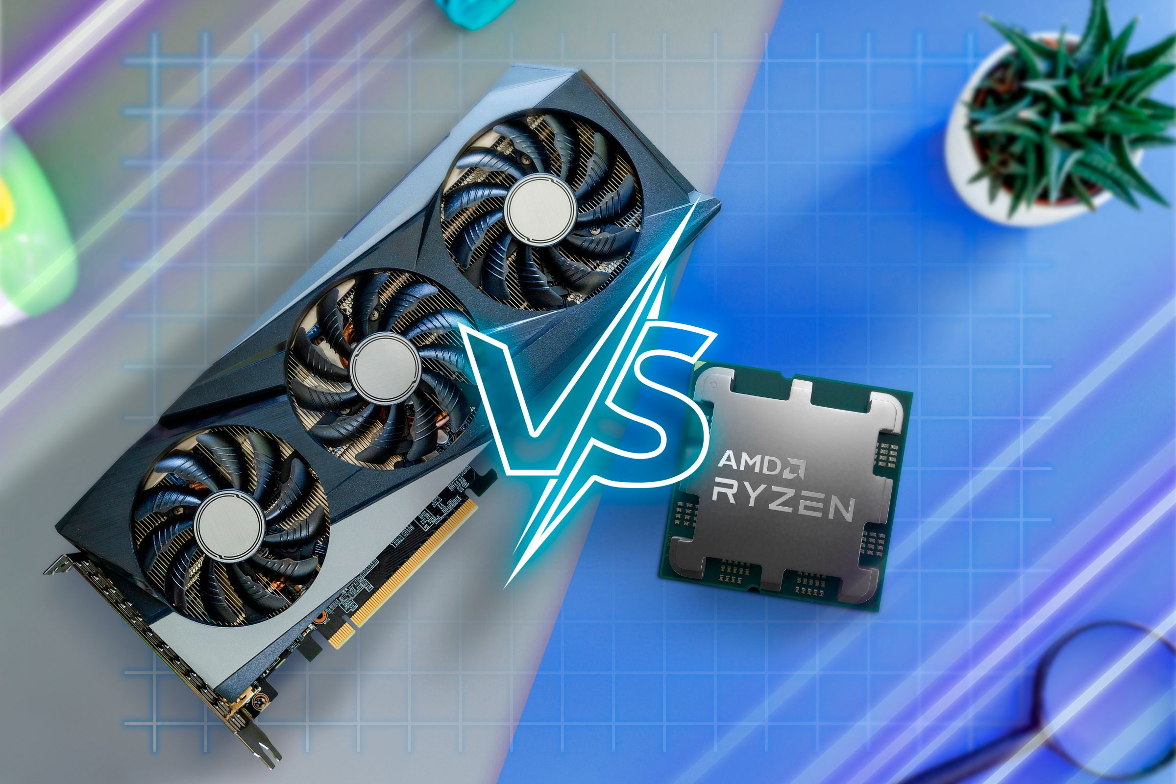 GPU и CPU на столе с надписью 'vs'.