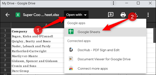 Выберите «Open with», затем «Google Sheets» для редактирования.