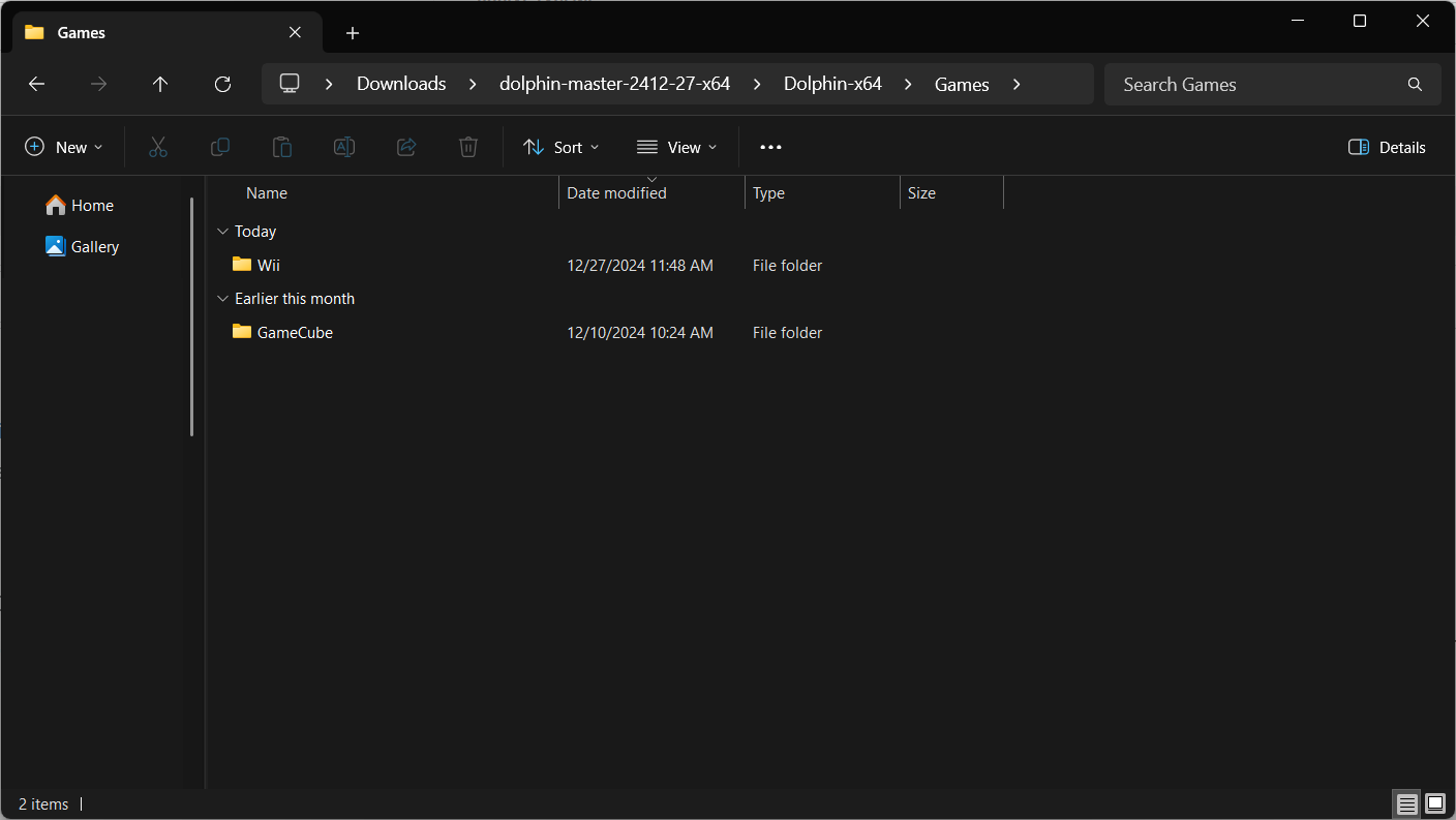 Директория игр Dolphin с папками для Wii и GameCube.