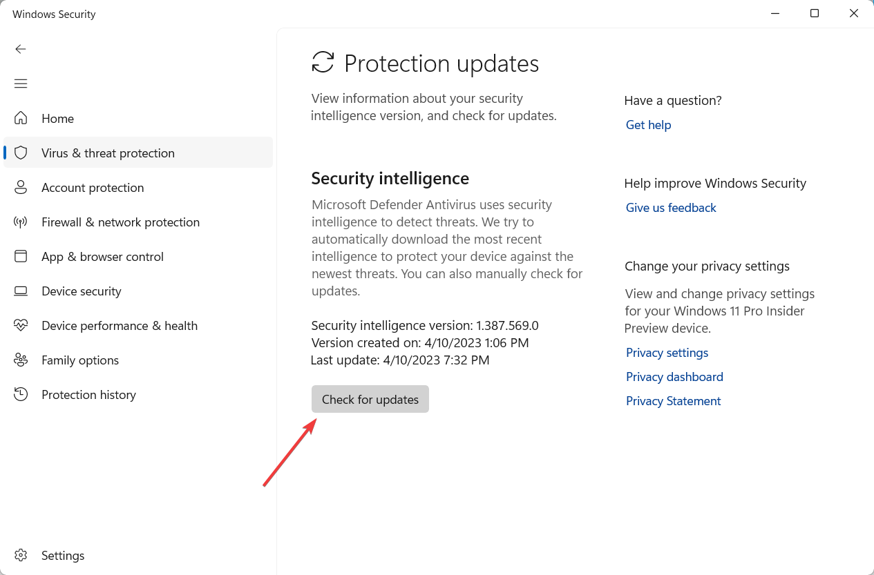 Проверить обновления для Защитника