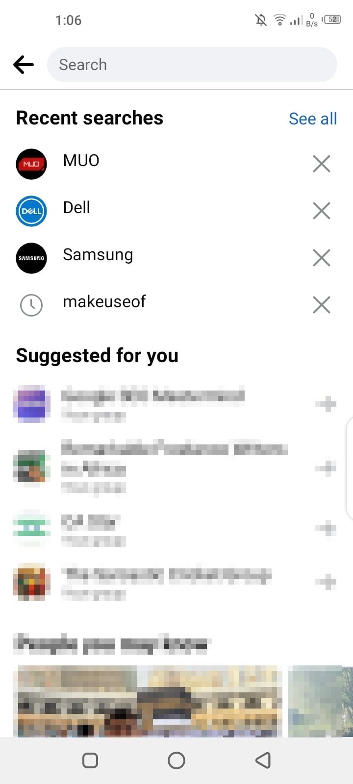 Экран мобильного приложения Facebook с полем поиска