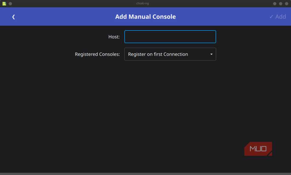 Blue and gray menu with Host and Registered Consoles Input Boxes