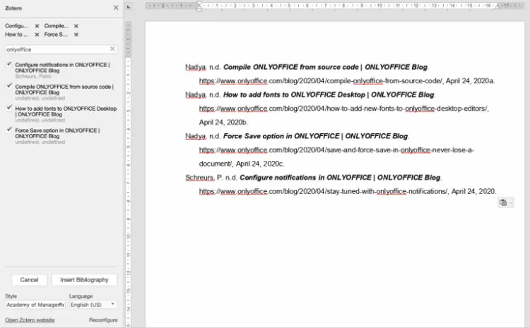 Плагин Zotero в ONLYOFFICE — окно поиска источников
