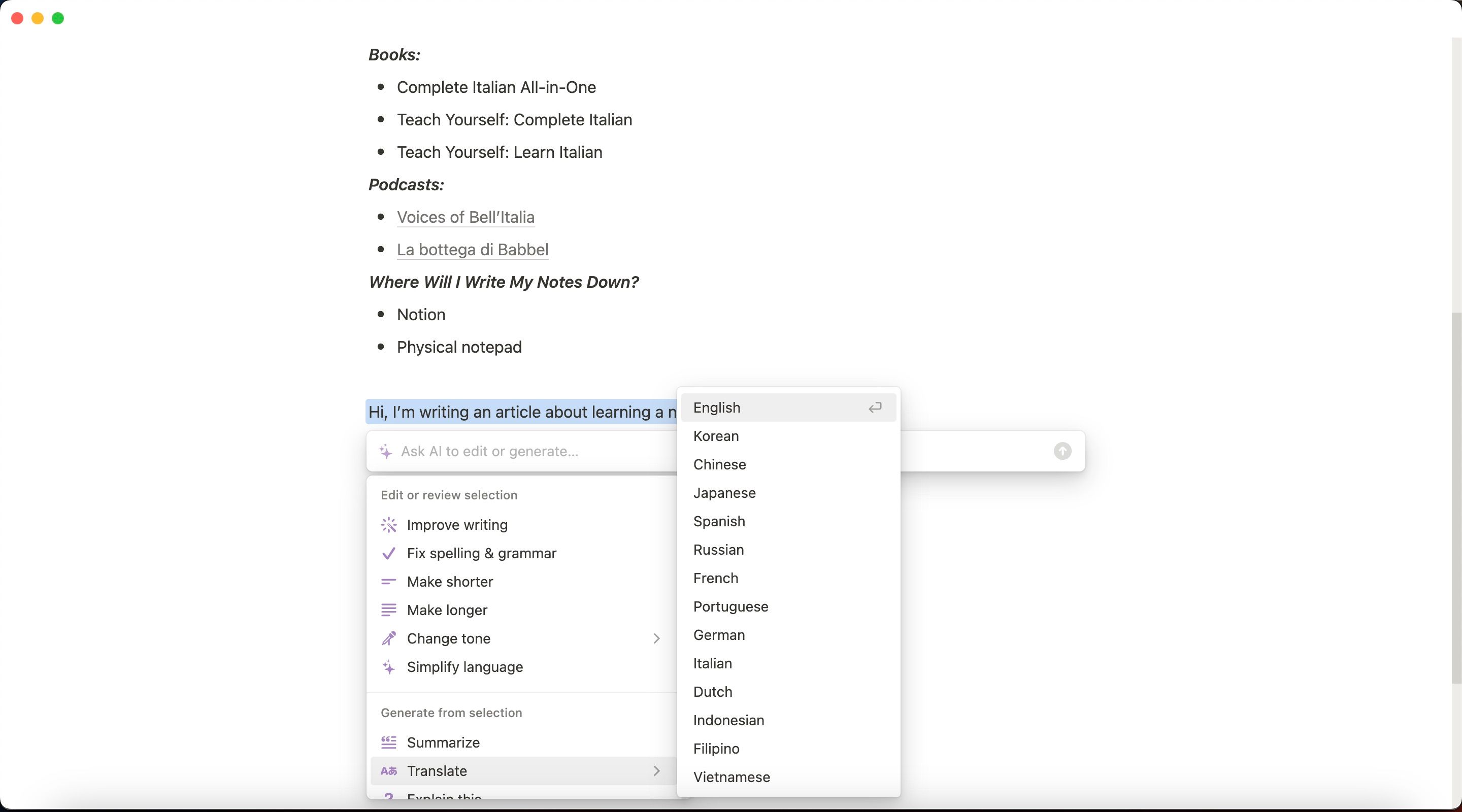 Выберите язык для перевода предложения в Notion Скриншот