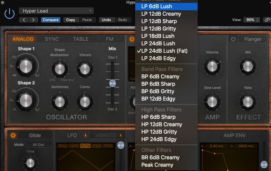 Меню выбора типа фильтра в Retro Synth