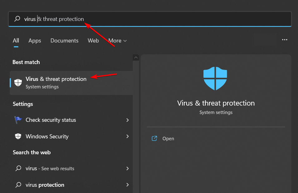 Окно Защиты от вирусов и угроз — Windows Security