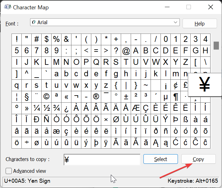 Кнопка копирования выбранного символа