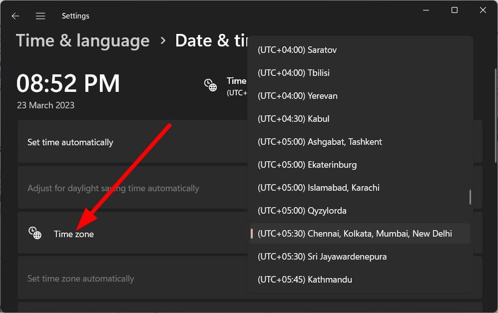 Список часовых поясов в Windows