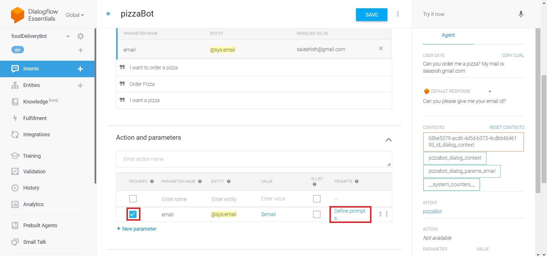 Filling email action and parameter field