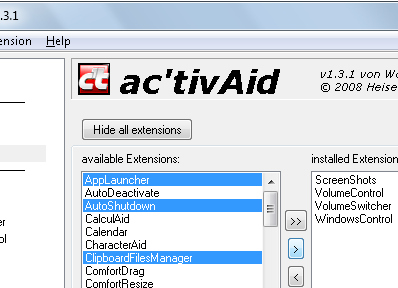 Список расширений ac'tivAid — перенос расширения в установленные