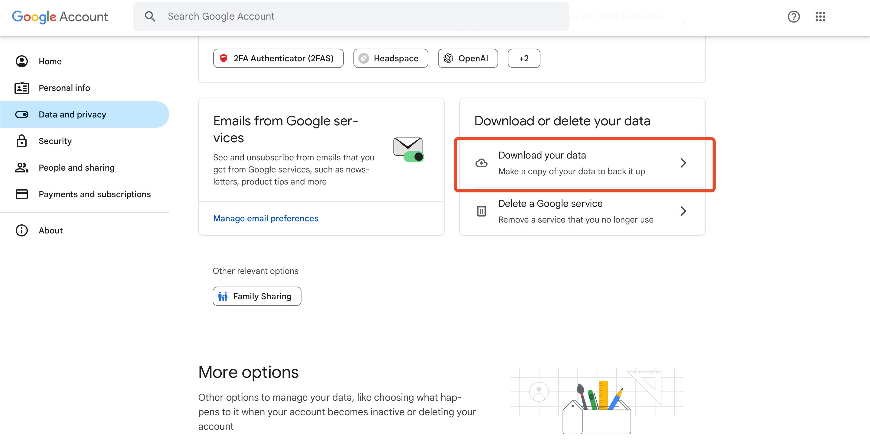 Пункт Download Your Data в настройках Google Account.
