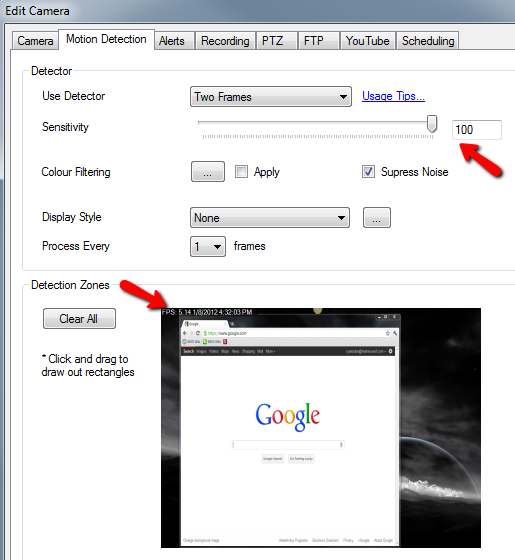 Настройка зоны детекции движения на экране