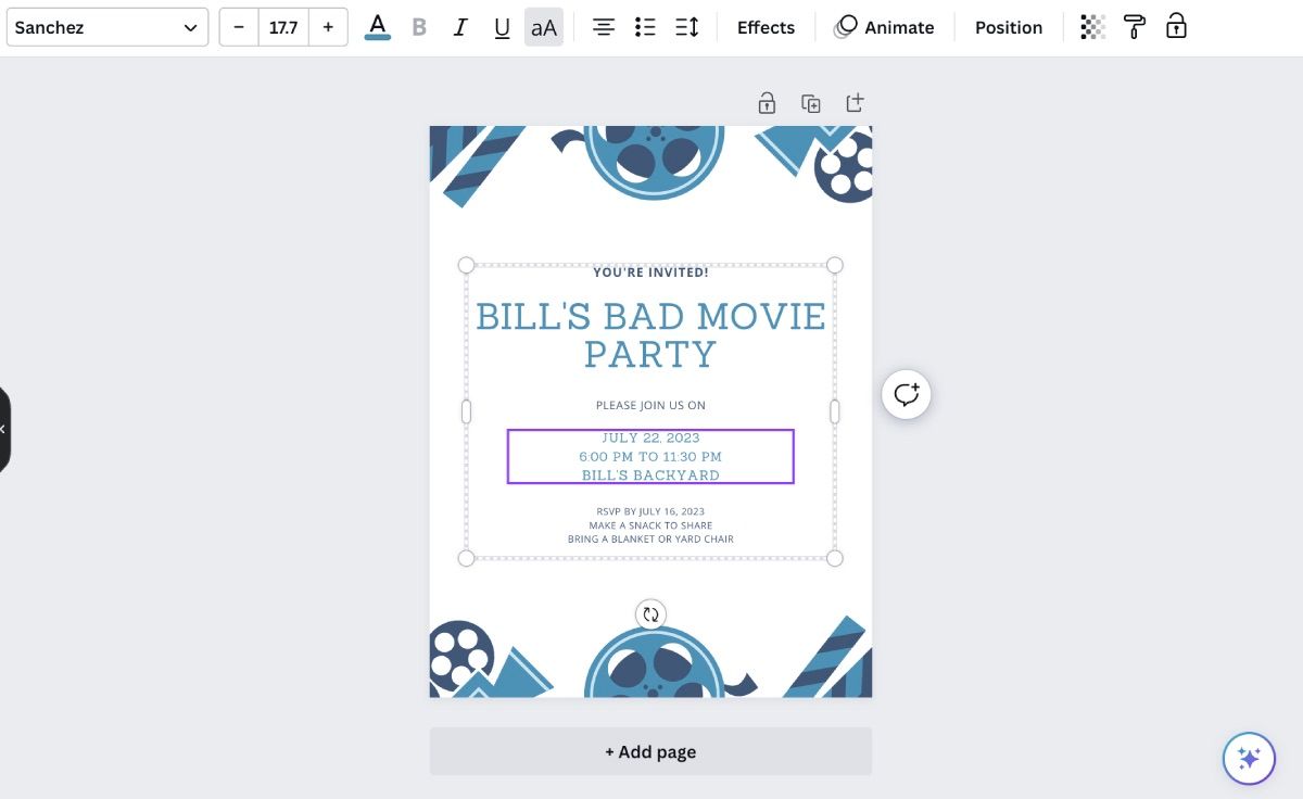 Редактирование текста в макете Canva — выделено текстовое поле