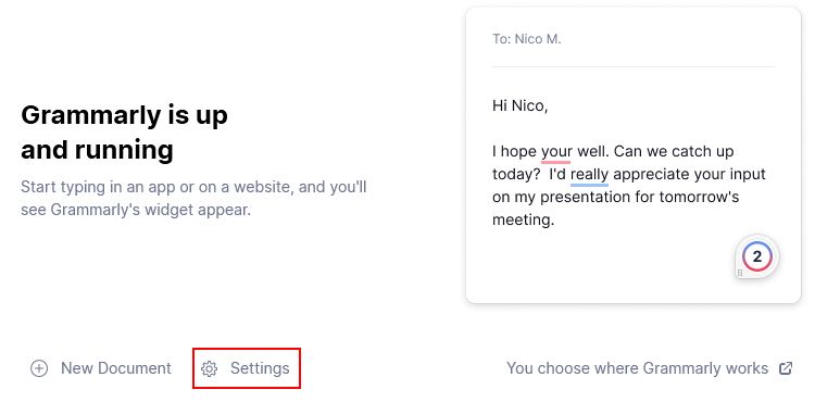 Главный экран приложения Grammarly для Windows