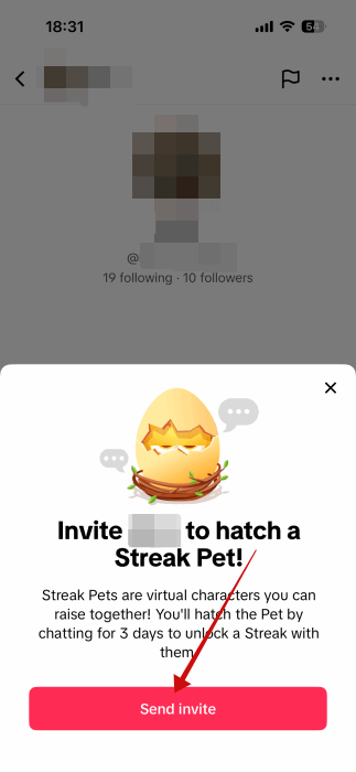 Botón para enviar invitación de racha en TikTok