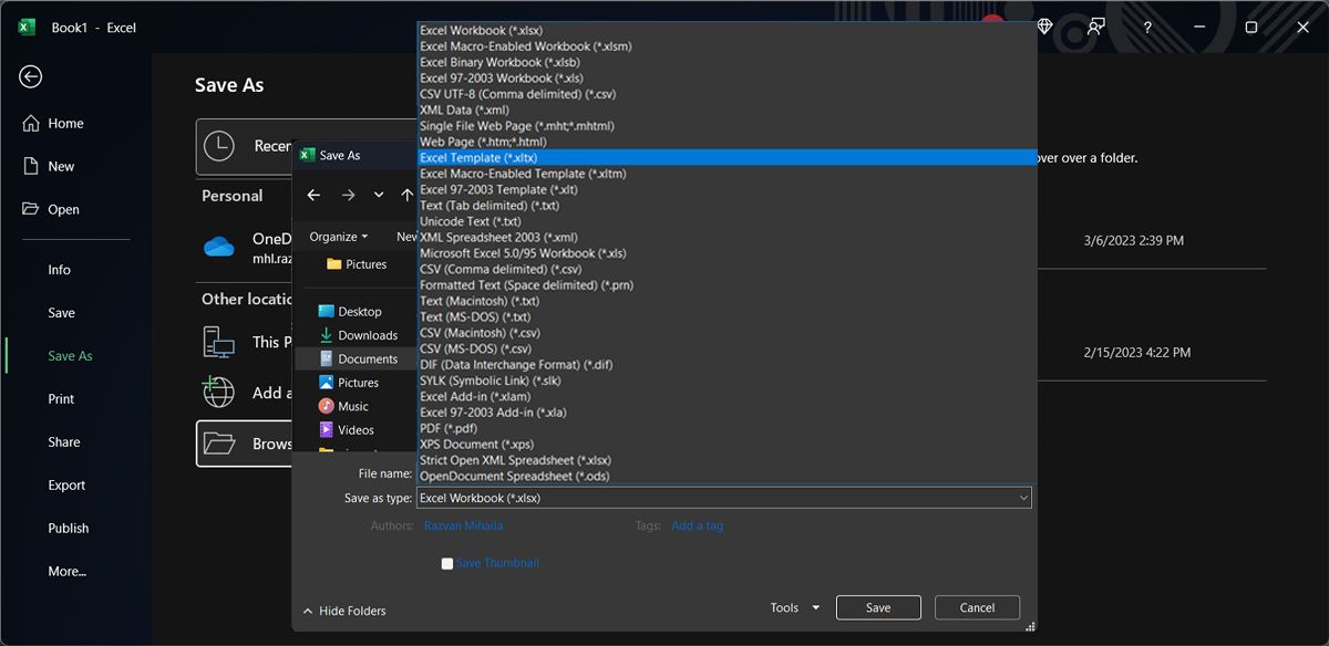 Сохранение шаблона Excel