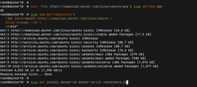 Установка Docker CE на Ubuntu 18.04 — скриншот терминала