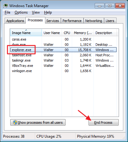 Выделение процесса explorer.exe и завершение его в Windows 7.