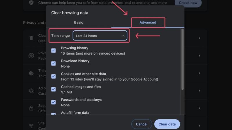 advanced browsing data on chrome