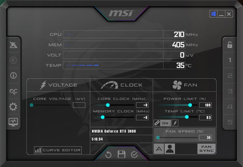 Основной экран MSI Afterburner с показаниями и слайдерами