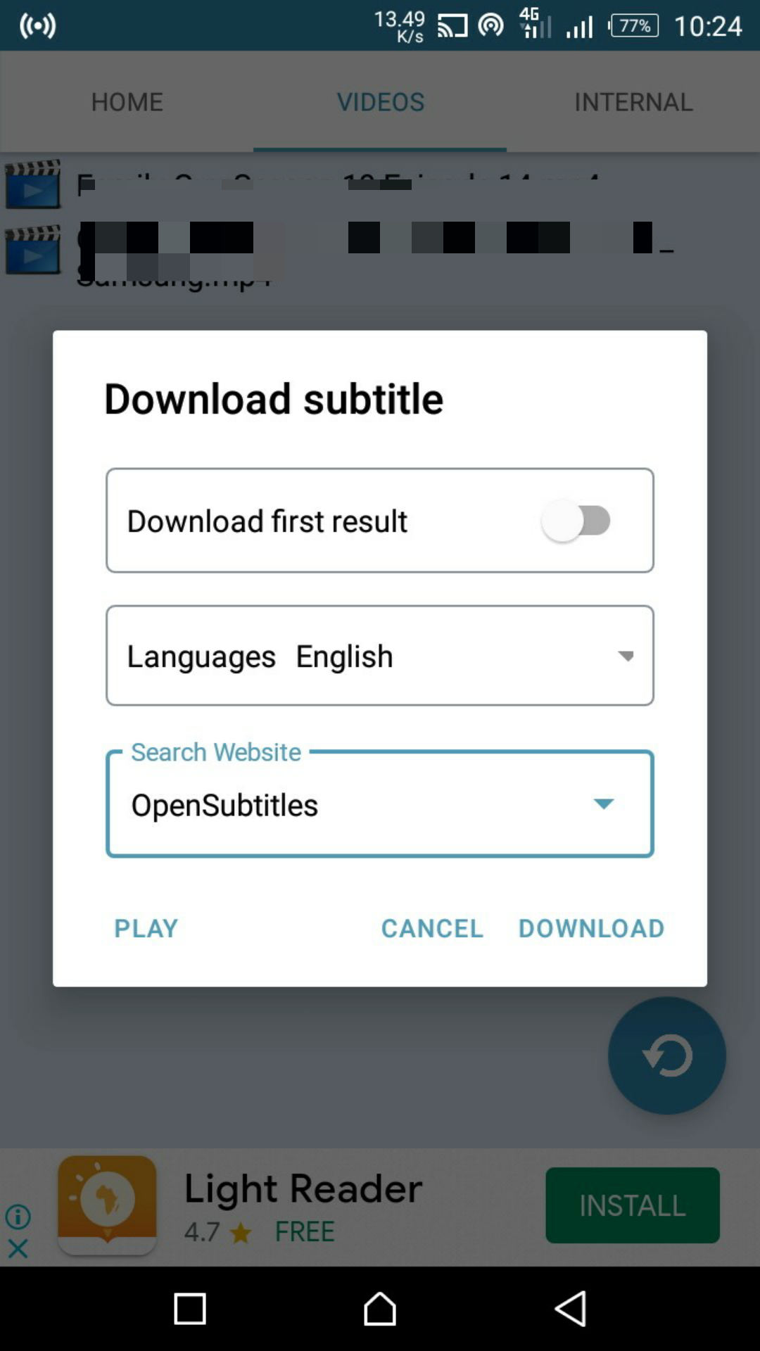 Загрузка субтитров в Subtitle Downloader