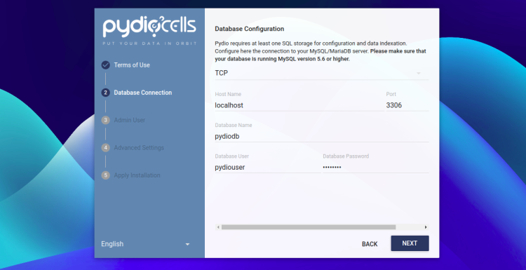 Форма конфигурации базы данных Pydio Cells