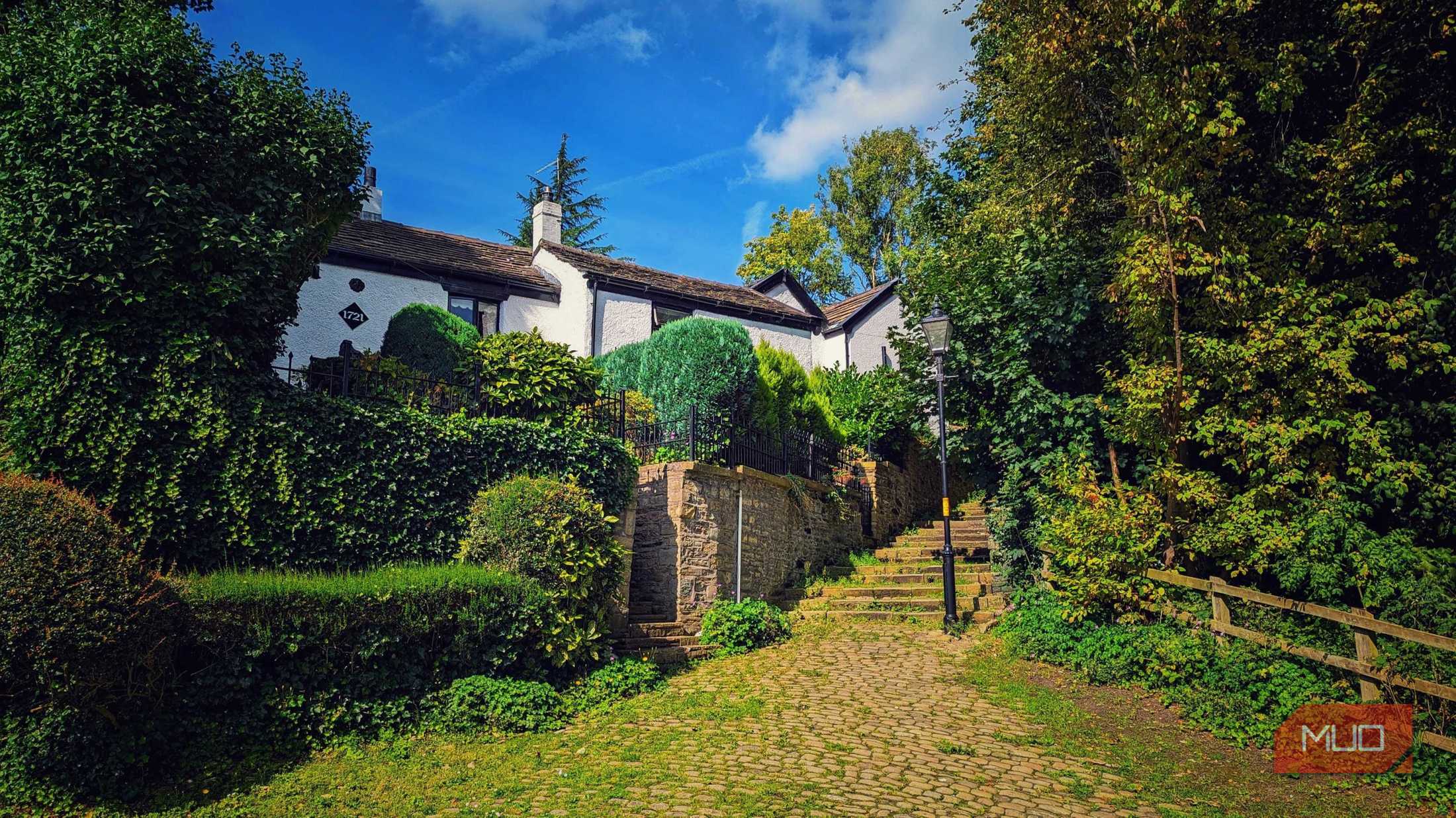 A low-angle shot of a house