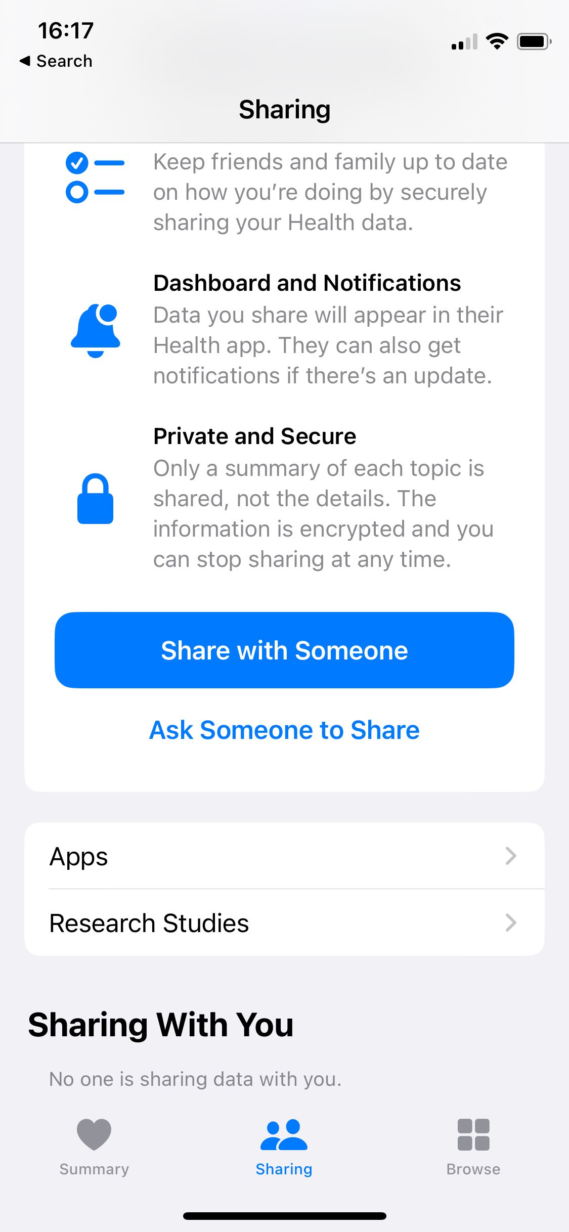 Скриншот экрана обмена данными в Apple Health с кнопкой «Apps»