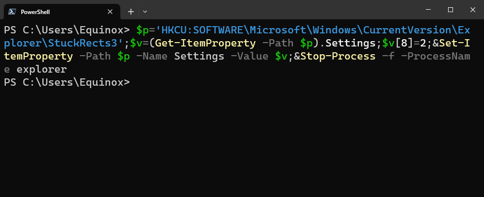 Снова включите панель задач через PowerShell.