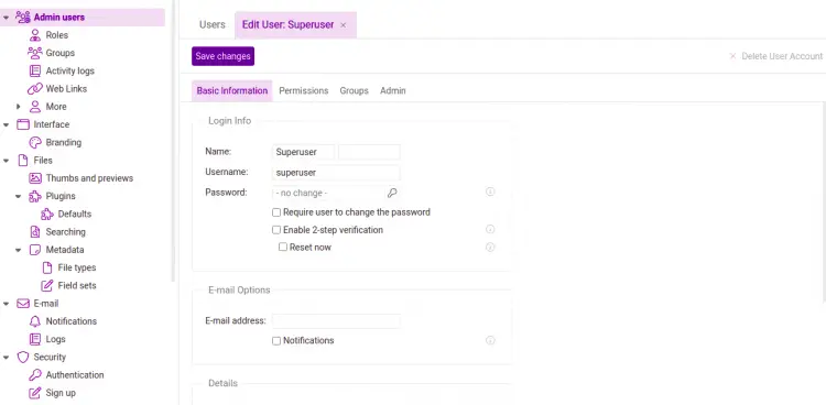Страница панели управления FileRun