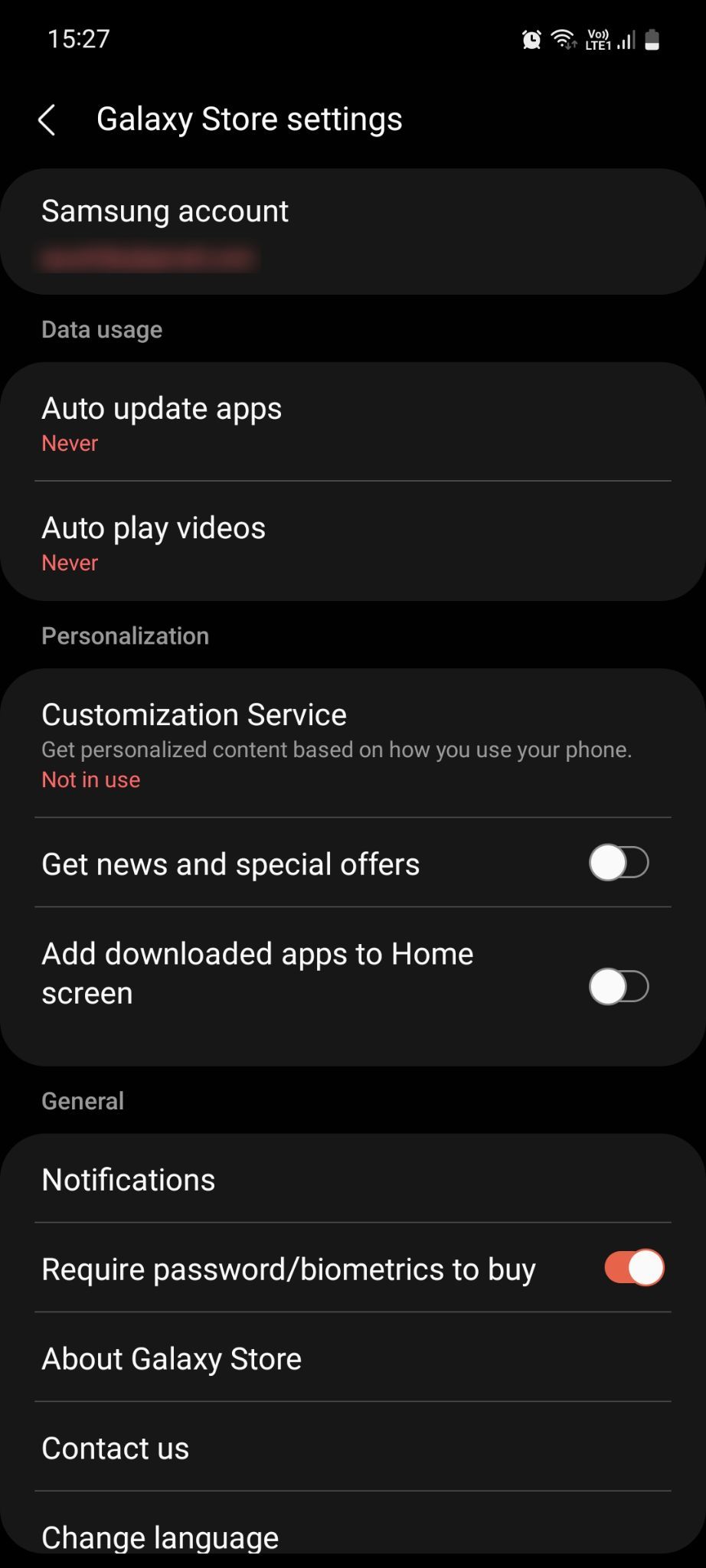 Samsung Galaxy Store settings