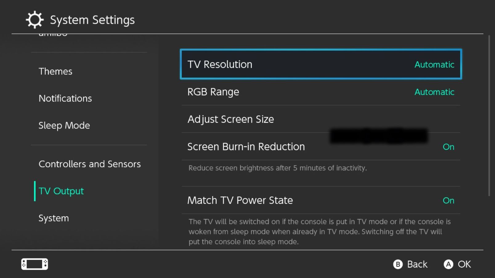 Экран настроек вывода на телевизор на Nintendo Switch