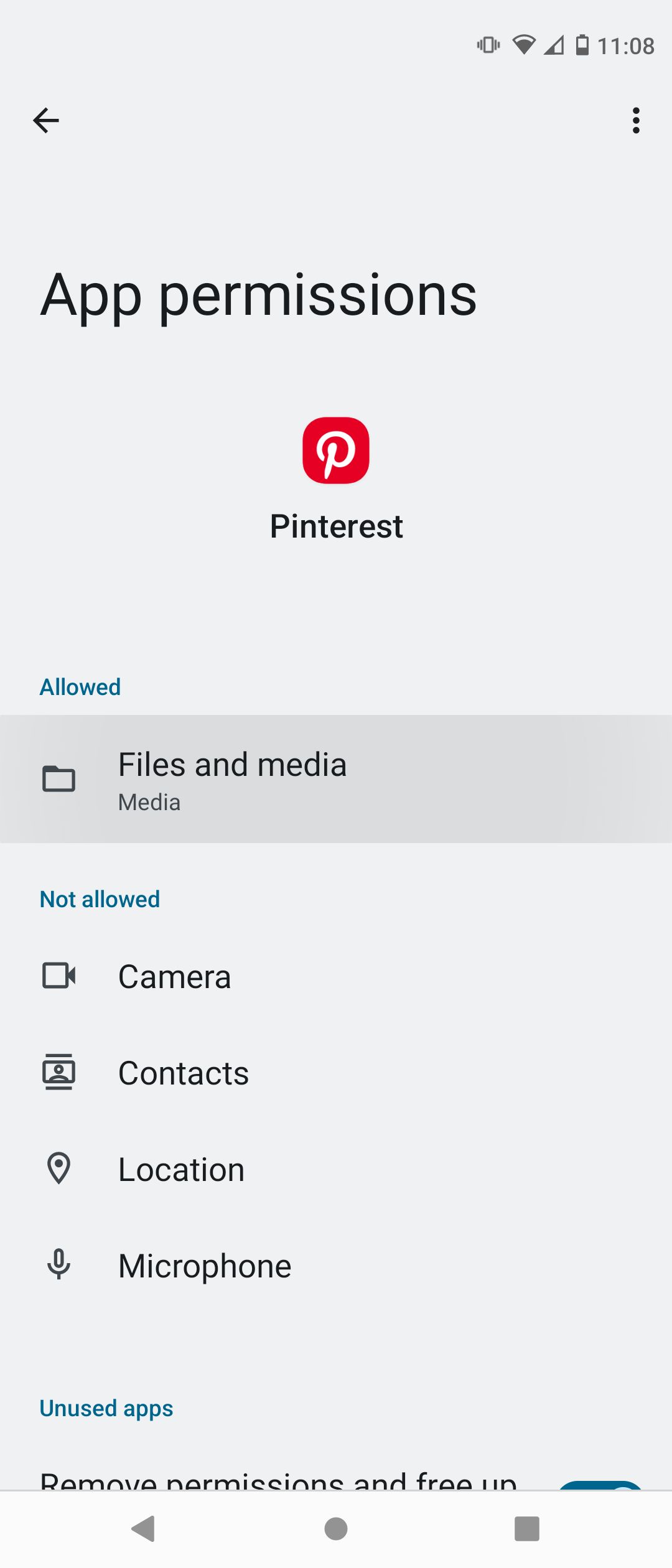 Раздел «Файлы и мультимедиа» в разрешениях приложения Pinterest на Android