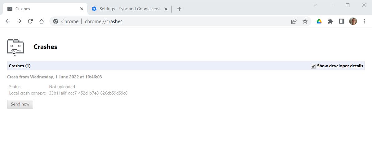 Crash report list shown in Chrome