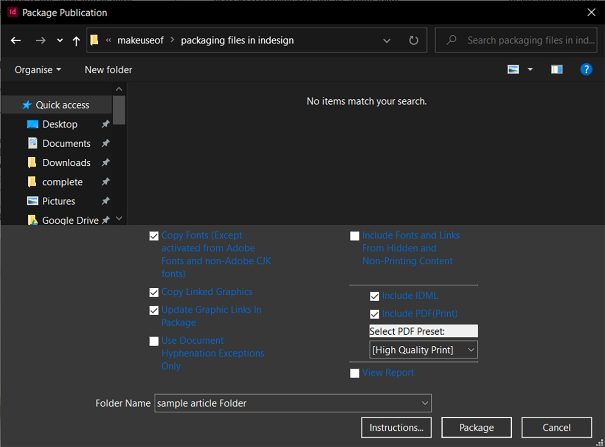 Сохранение папки пакета InDesign