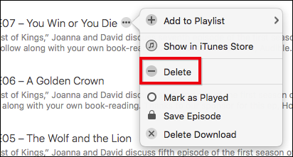Контекстное меню эпизода с опцией Delete