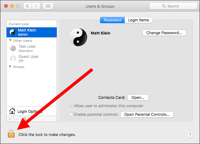 Замок для разблокировки настроек Пользователи и группы