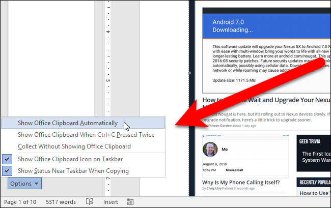 Управление опциями Буфера обмена Office