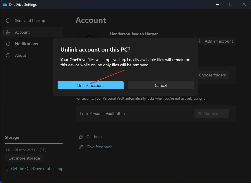 Подтверждение отвязки учётной записи OneDrive