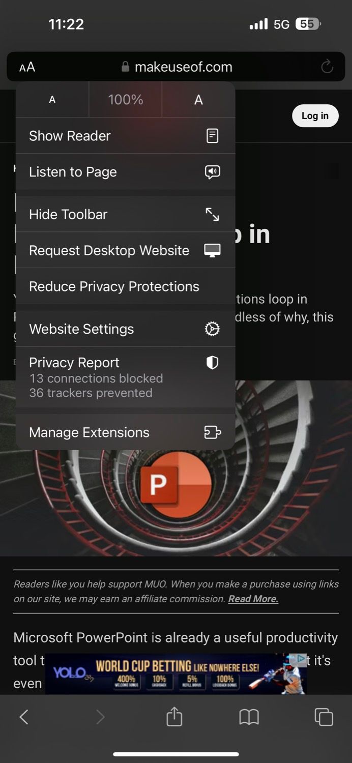 accessing Listen to Page option from Safari address bar